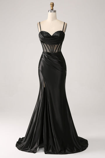 Mermaid Sweetheart Black Satin Long Ball Dress With Beading